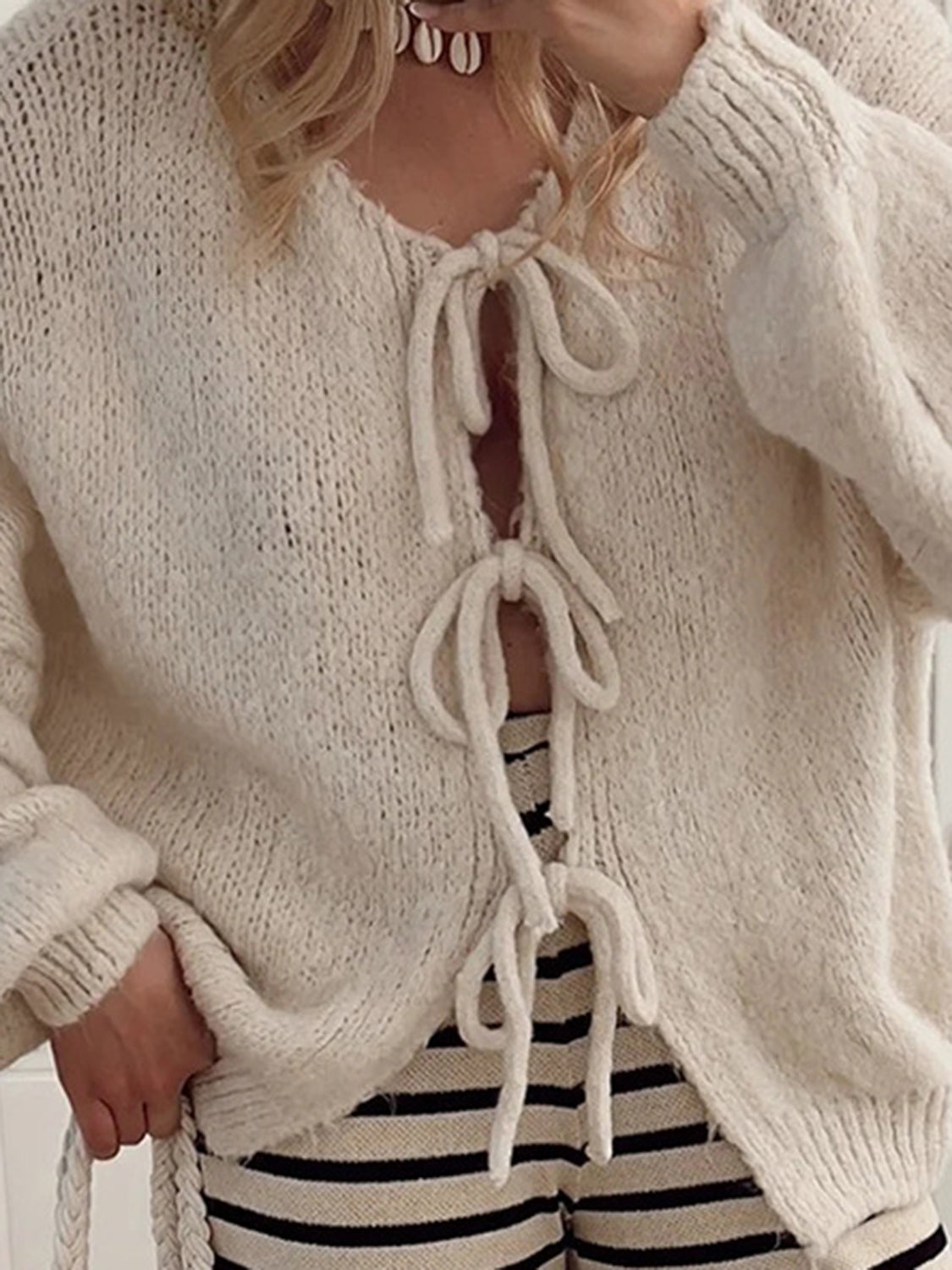 Tied Long Sleeve Dropped Shoulder Cardigan - ClassiQ