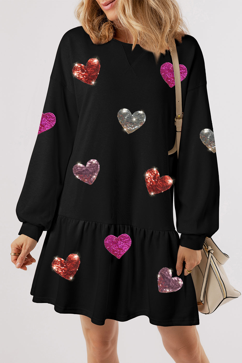 Sequin Heart Round Neck Long Sleeve Mini Dress - Classique Collection