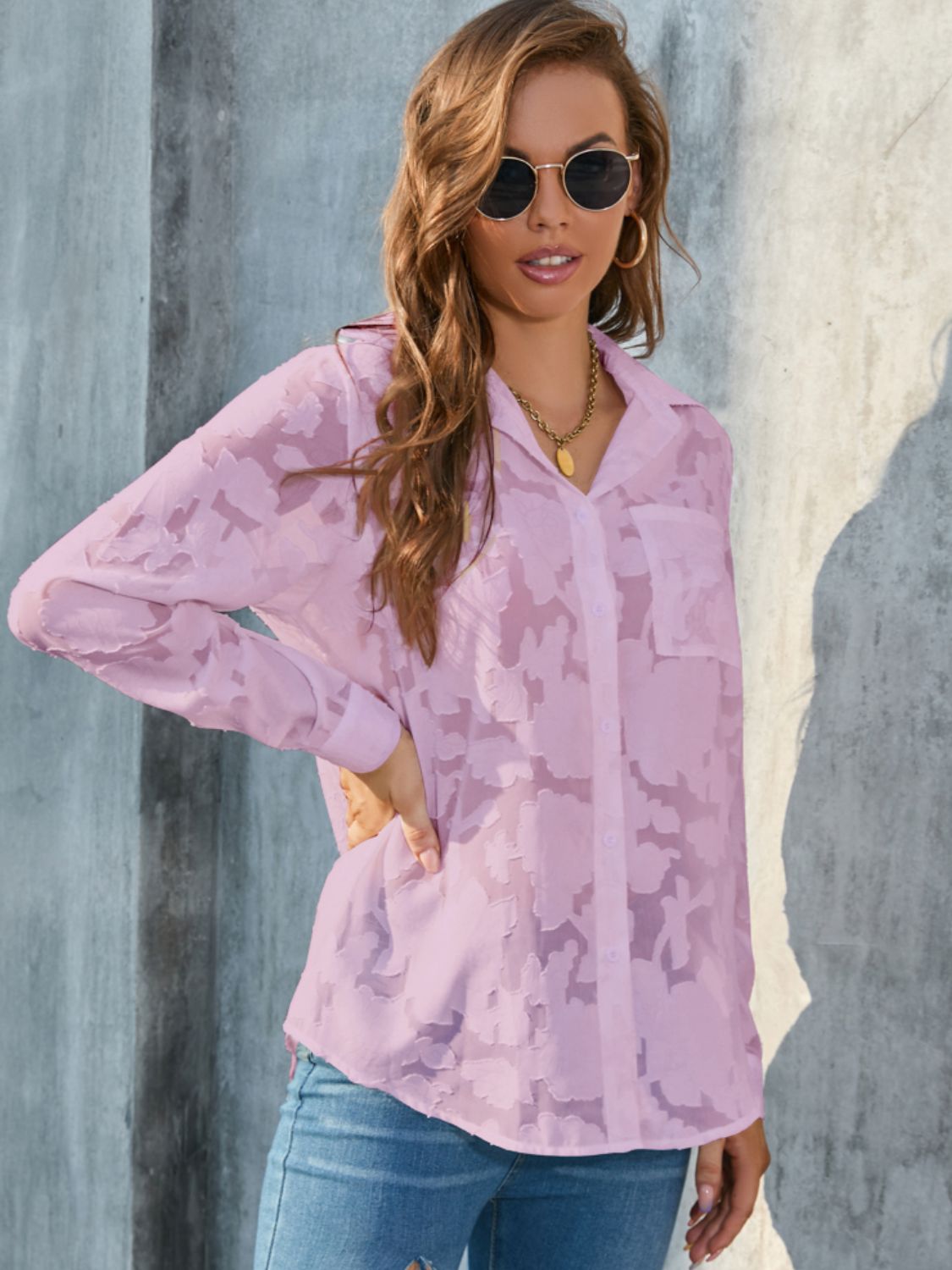 Full Size Collared Neck Long Sleeve Shirt Plus Size - Classique Collection