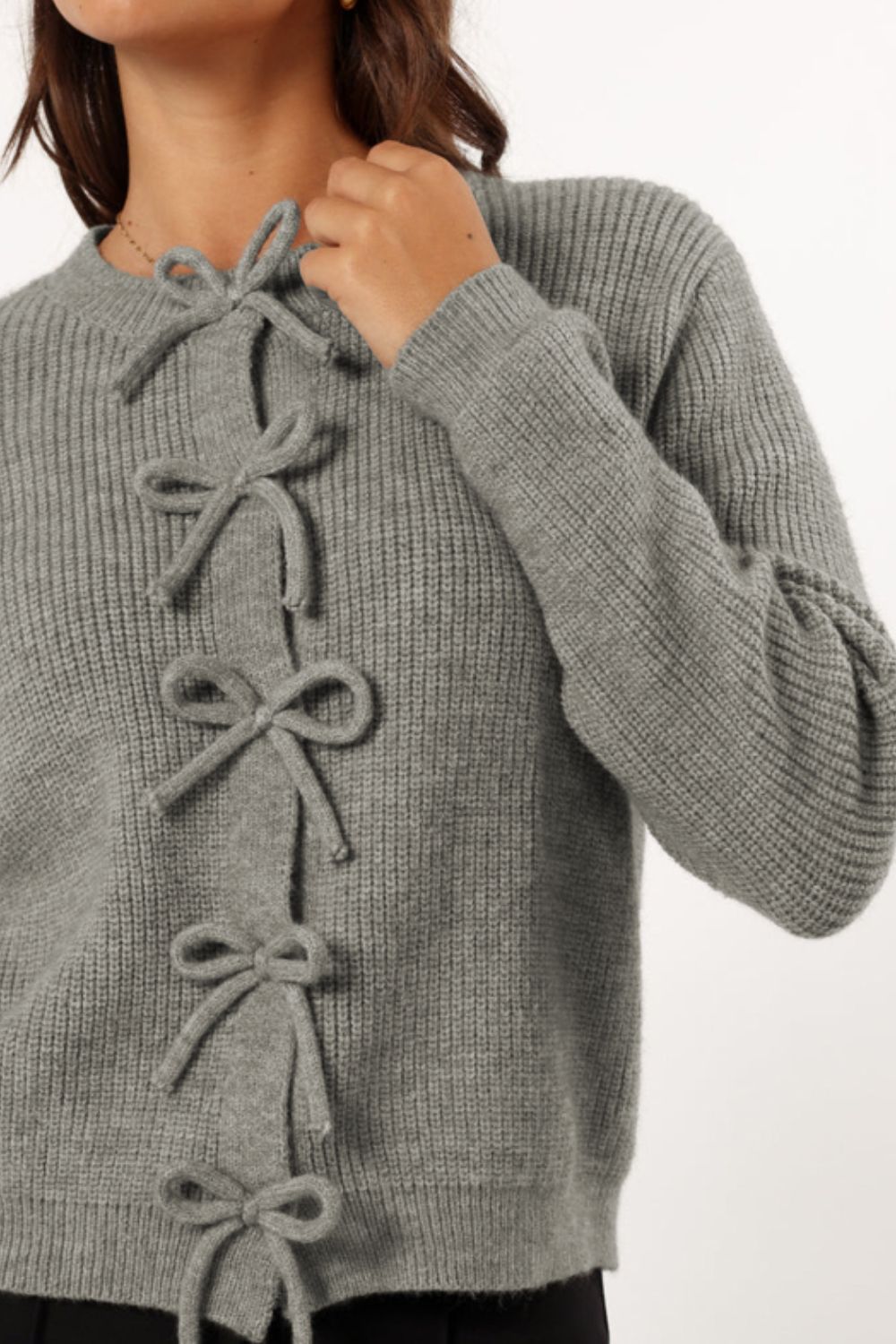 Bow Round Neck Long Sleeve Cardigan - ClassiQ
