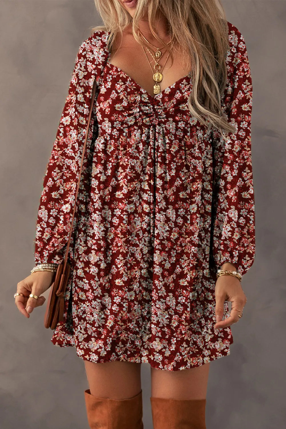 Ruched Printed Long Sleeve Mini Dress - Classique Collection