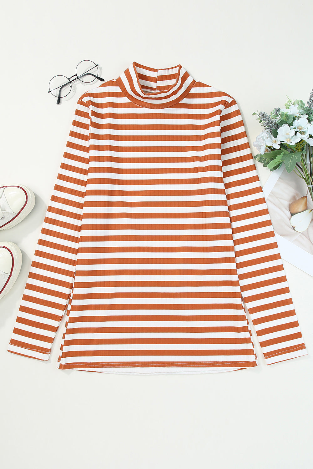 Striped Mock Neck Long Sleeve Top - Classique Collection