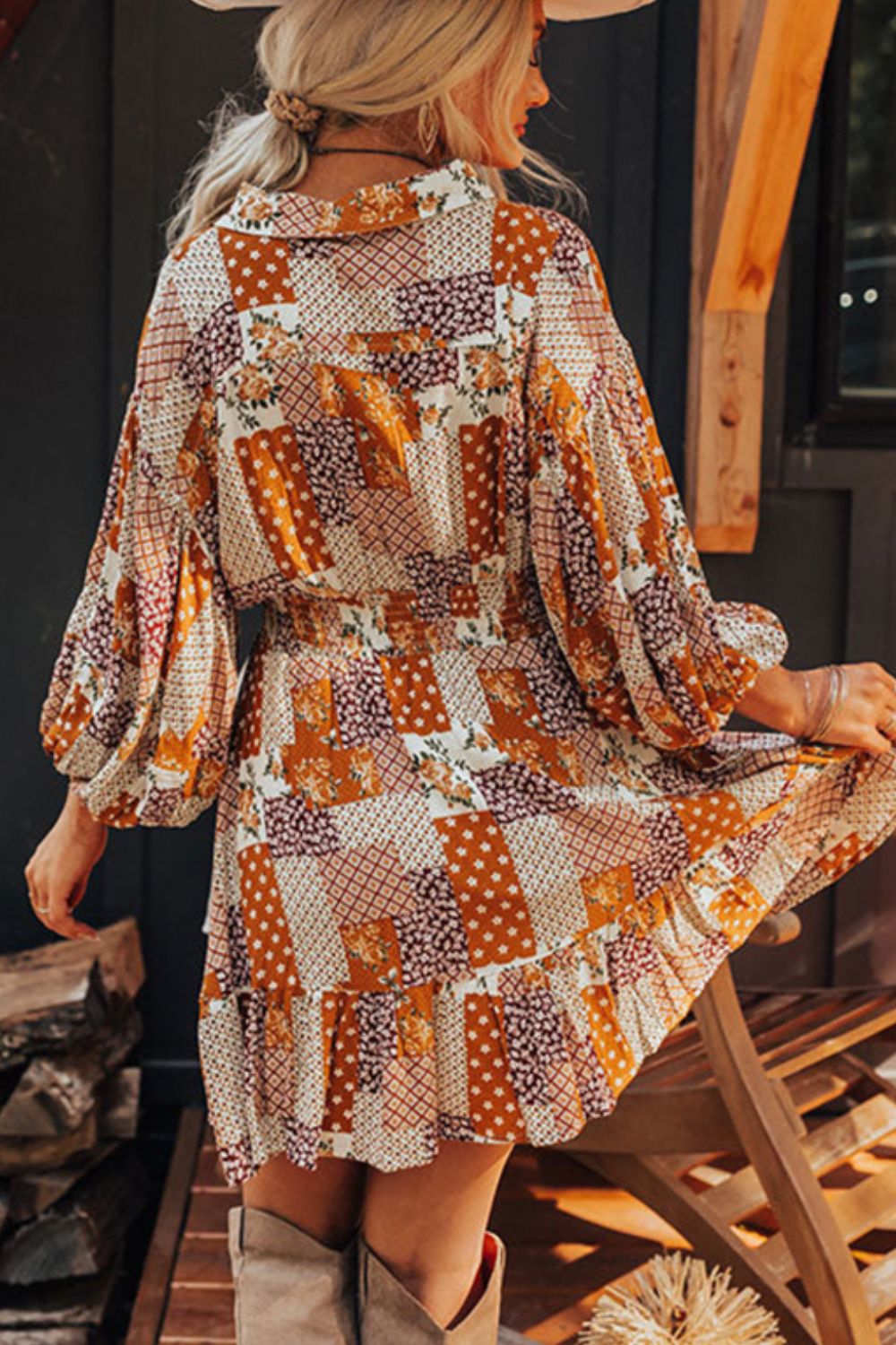 Printed Collared Neck Three-Quarter Sleeve Mini Shirt Dress - Classique Collection