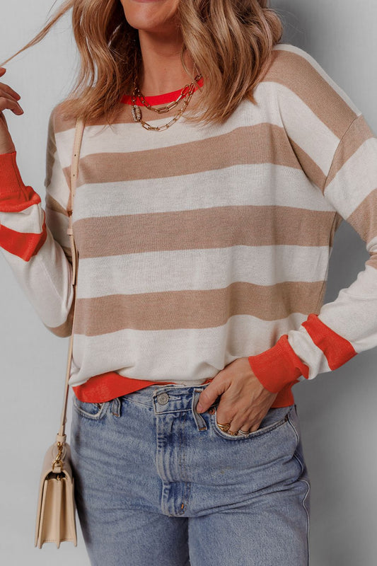 Contrast Striped Round Neck Drop Shoulder Knit Top - Classique Collection