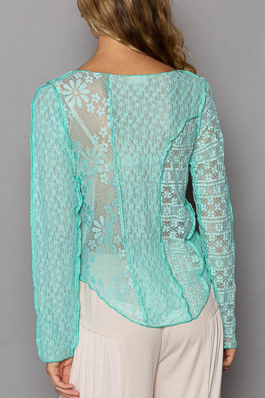 POL Exposed Seam Long Sleeve Lace Knit Top - Classique Collection
