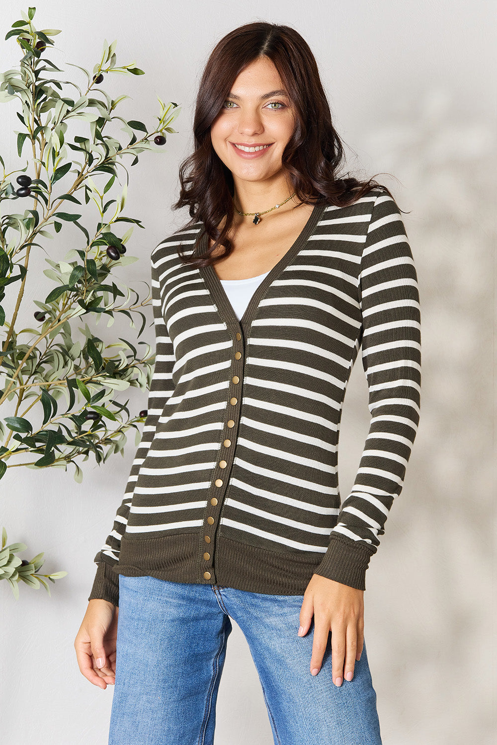 Zenana Full Size Striped Snap Down Cardigan - Classique Collection