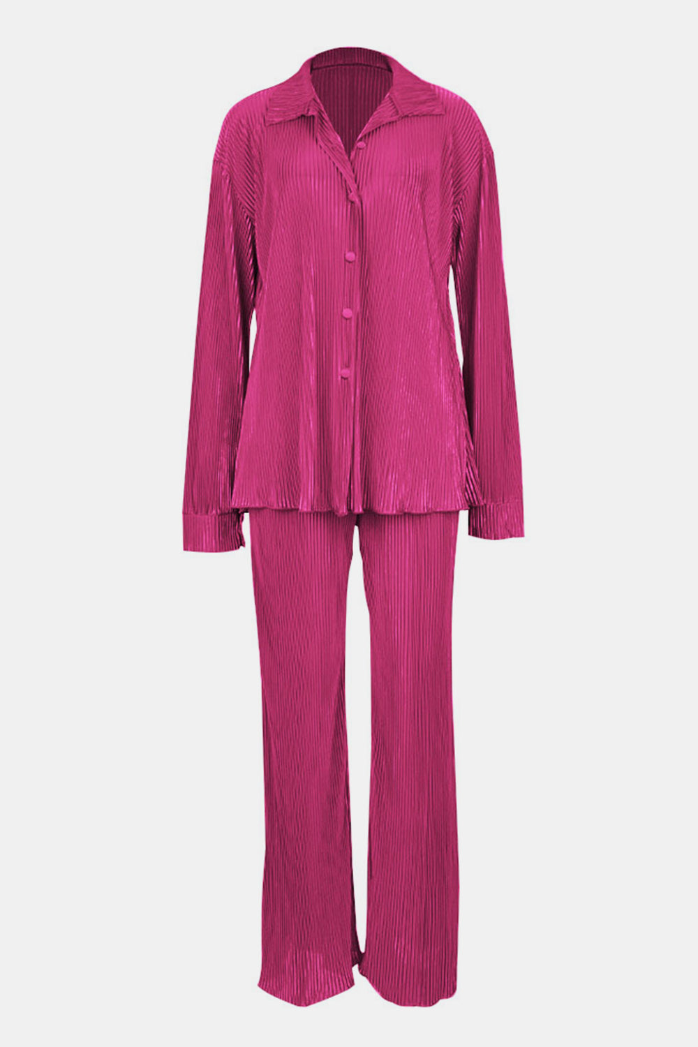Textured Button Up Collared Neck Top and Pants Set - ClassiQ