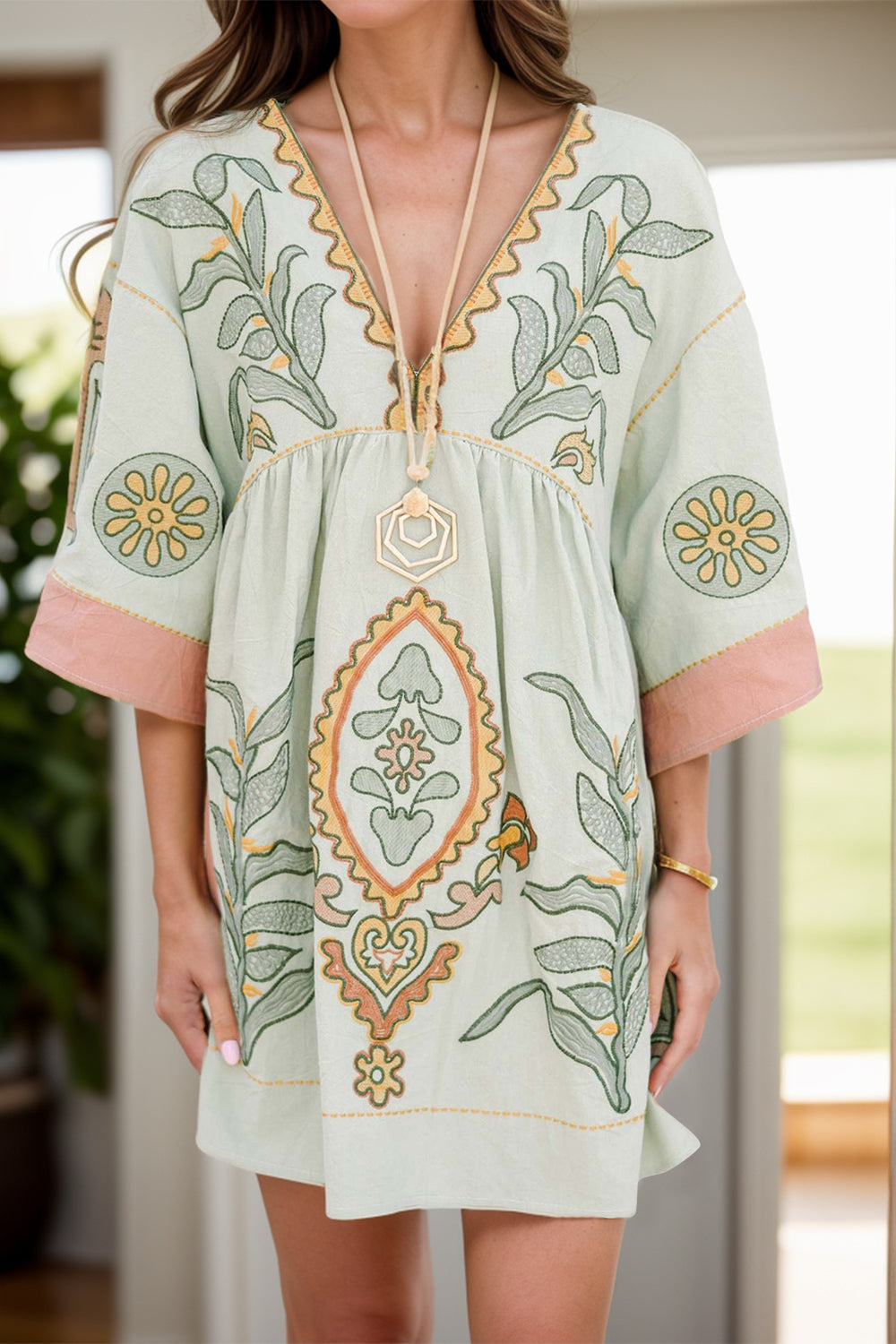 Printed V-Neck Three-Quarter Sleeve Mini Dress - Classique Collection