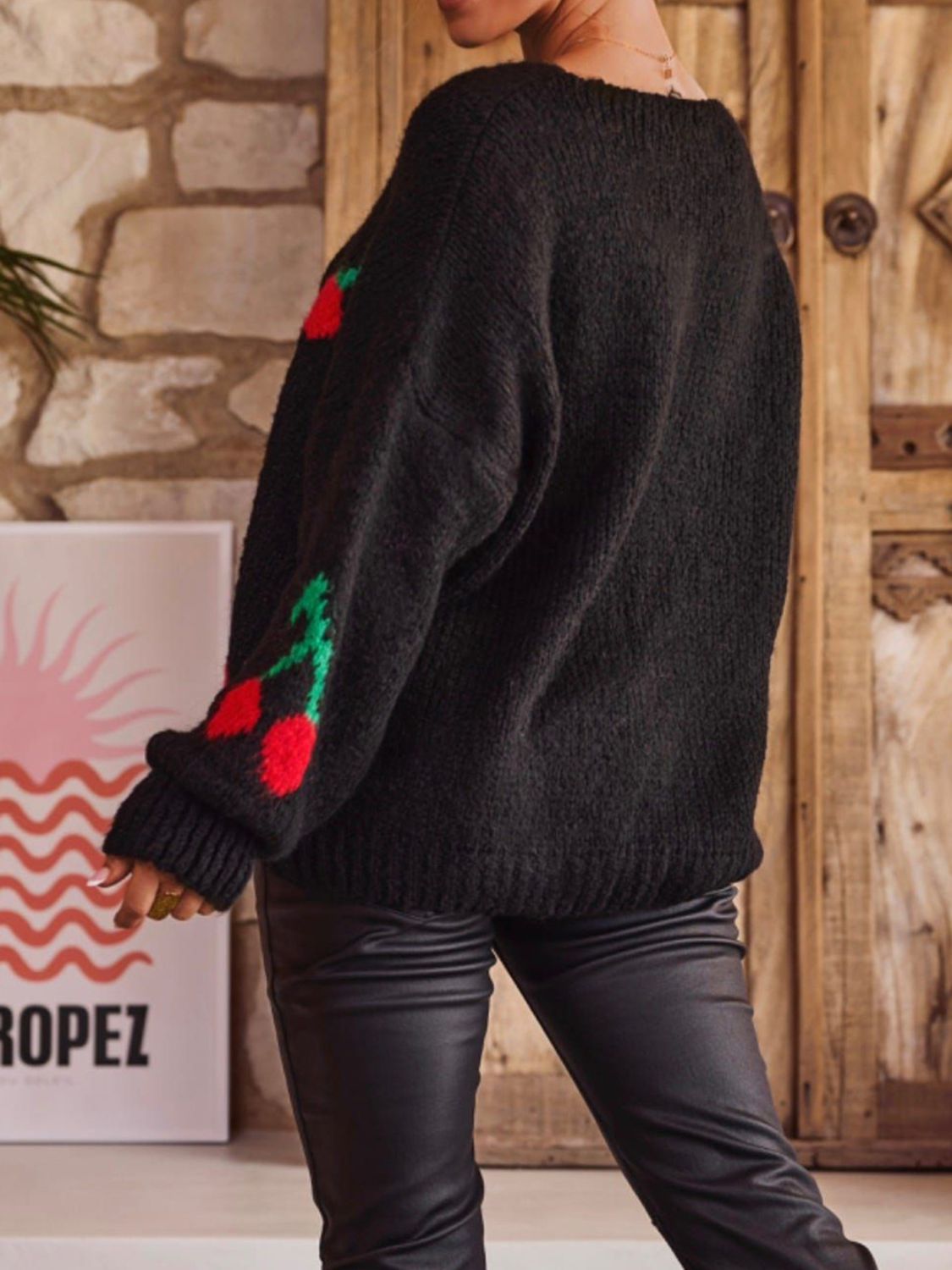 Tied Cherry Round Neck Long Sleeve Cardigan - Classique Collection
