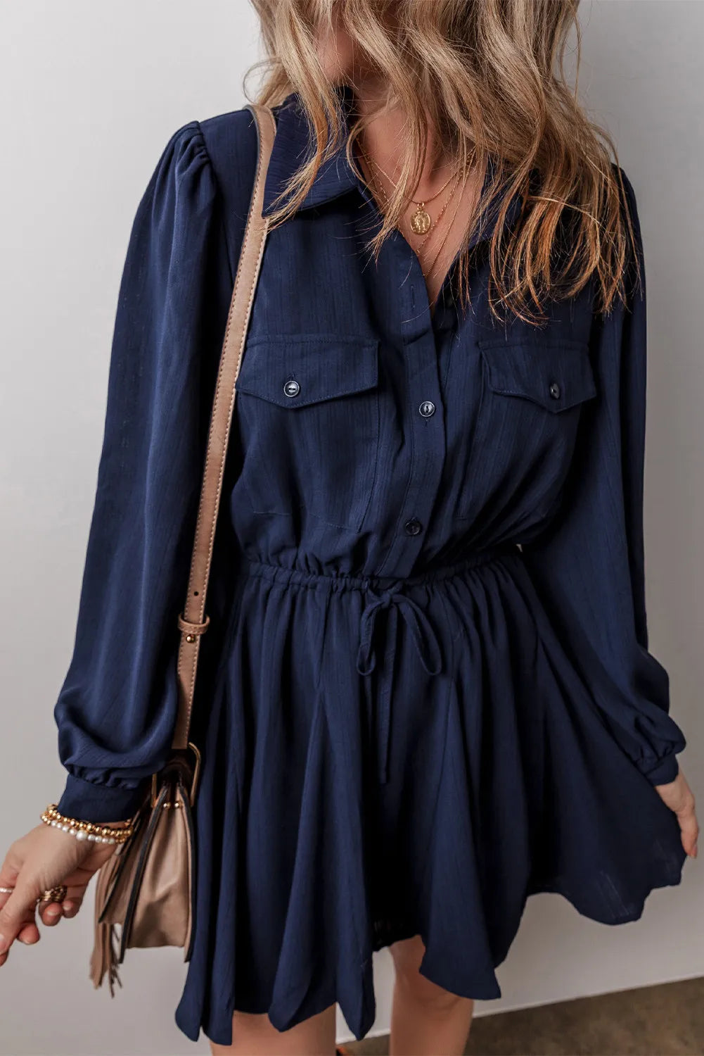 Drawstring Half Button Long Sleeve Dress - Classique Collection