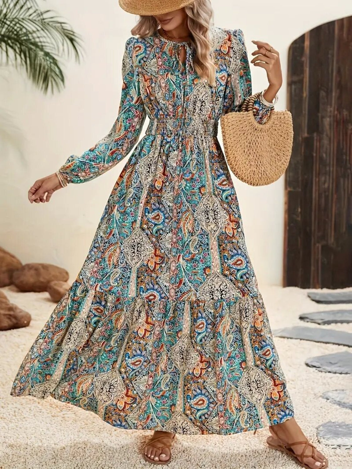 Printed Tie Neck Long Sleeve Maxi Dress - Classique Collection