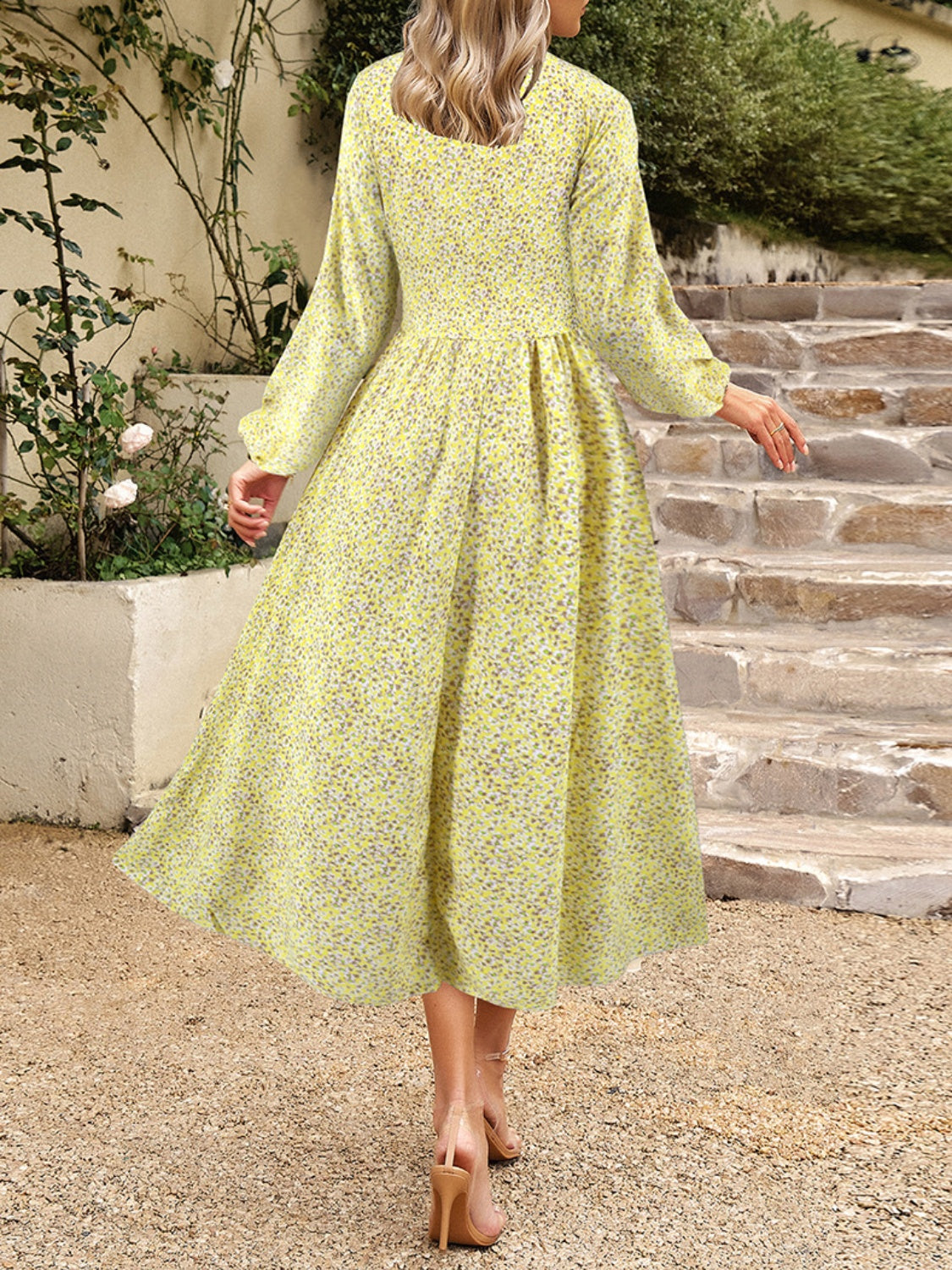 Floral V-Neck Long Sleeve Midi Dress - Classique Collection
