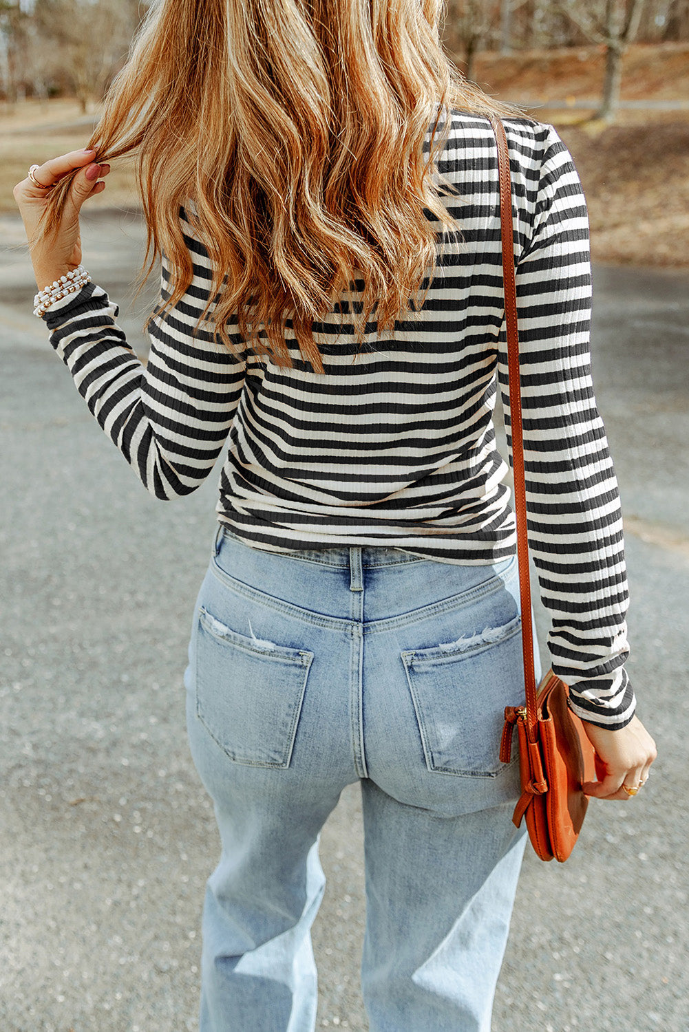 Striped Mock Neck Long Sleeve Top - Classique Collection