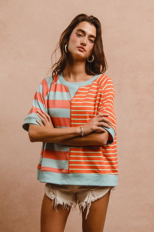 BiBi Striped Round Neck Half Sleeve French Terry Top - ClassiQ