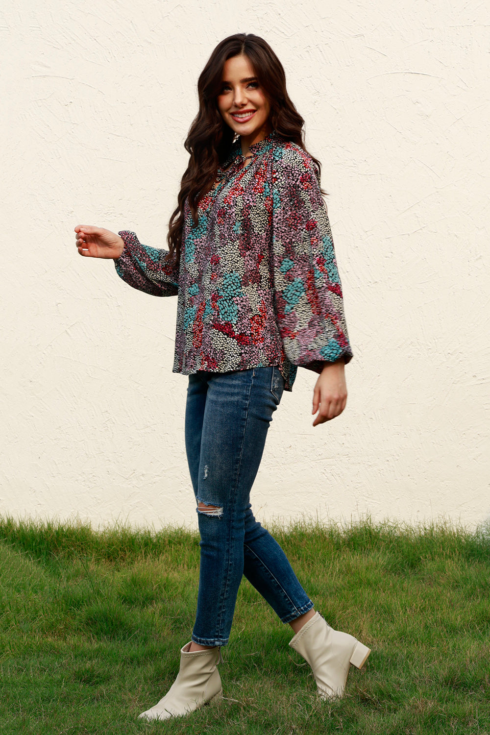 Tie Neck Heathered Balloon Sleeve Blouse - Classique Collection