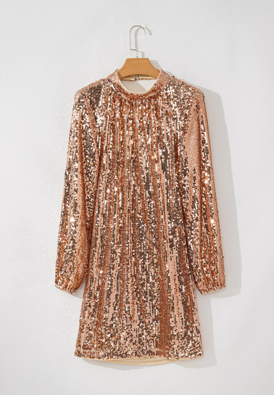 Backless Sequin Mock Neck Long Sleeve Mini Dress - Classique Collection