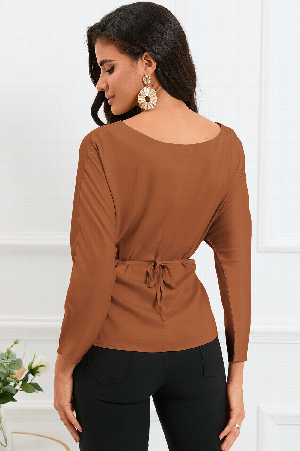 Boat Neck Back Tie Long Sleeve Satin Blouse - Classique Collection