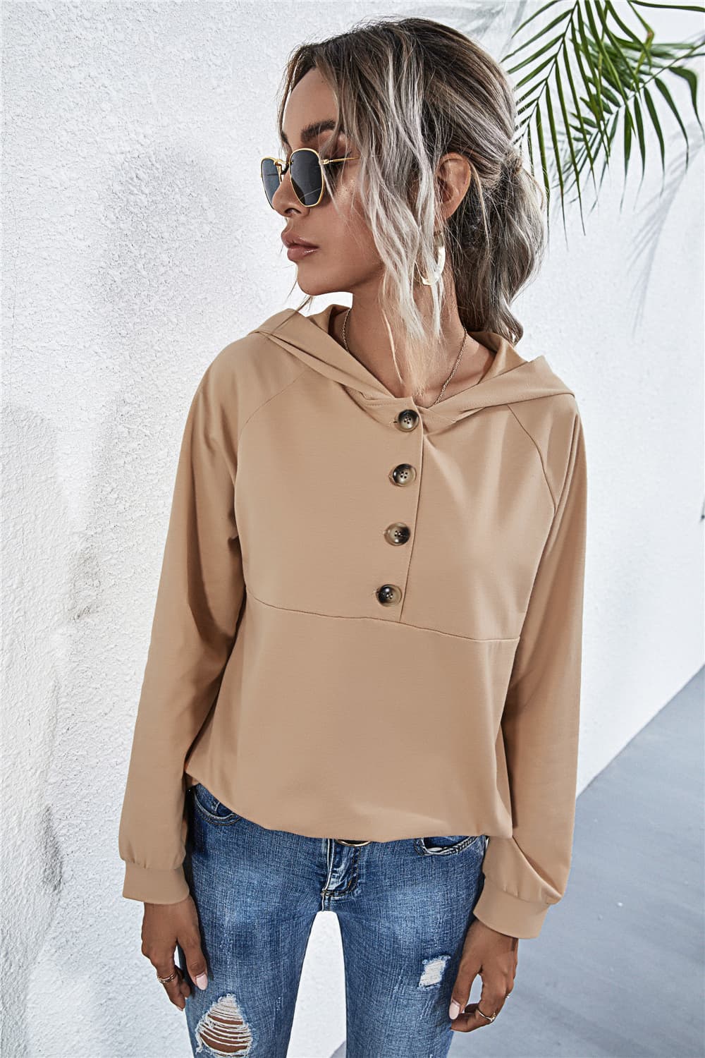 Buttoned Raglan Sleeve Hooded Blouse - ClassiQ