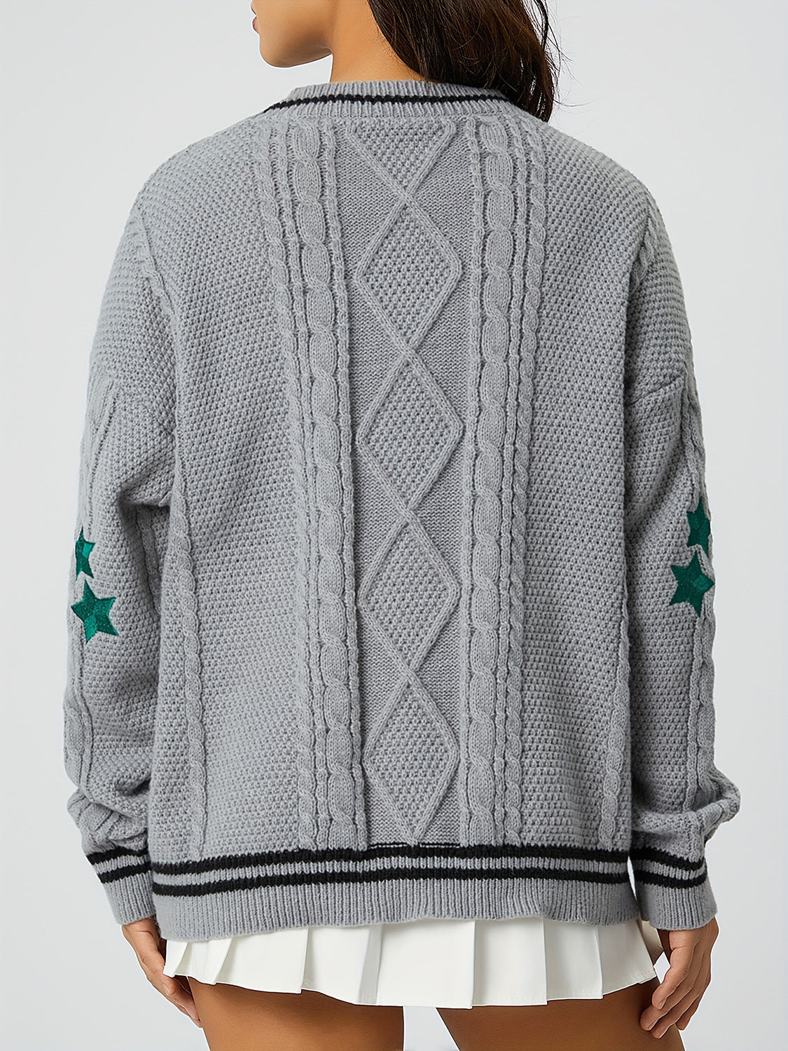 Star Embroidered V-Neck Long Sleeve Cardigan - ClassiQ