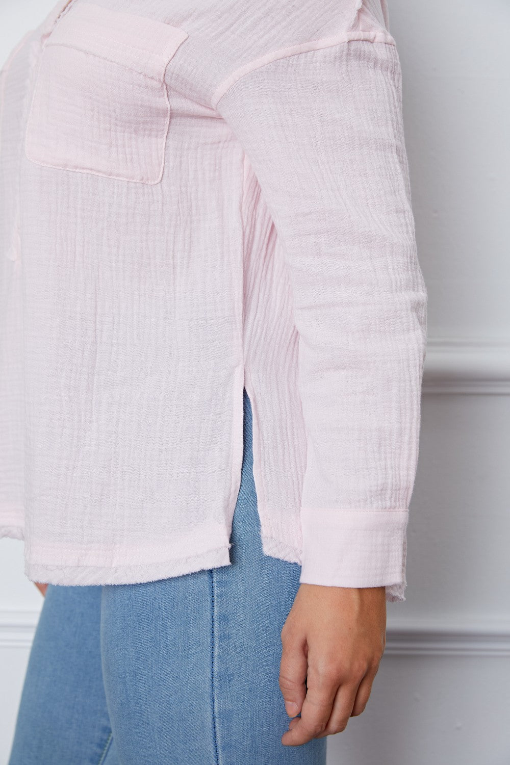 Texture Half Button Raw Hem Top - ClassiQ