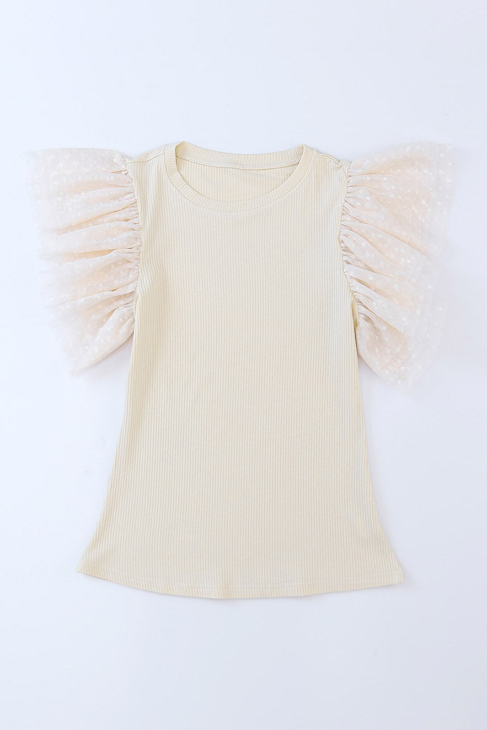 Apricot Dotty Mesh Ruffle Sleeve Ribbed Knit Top ClassiQ