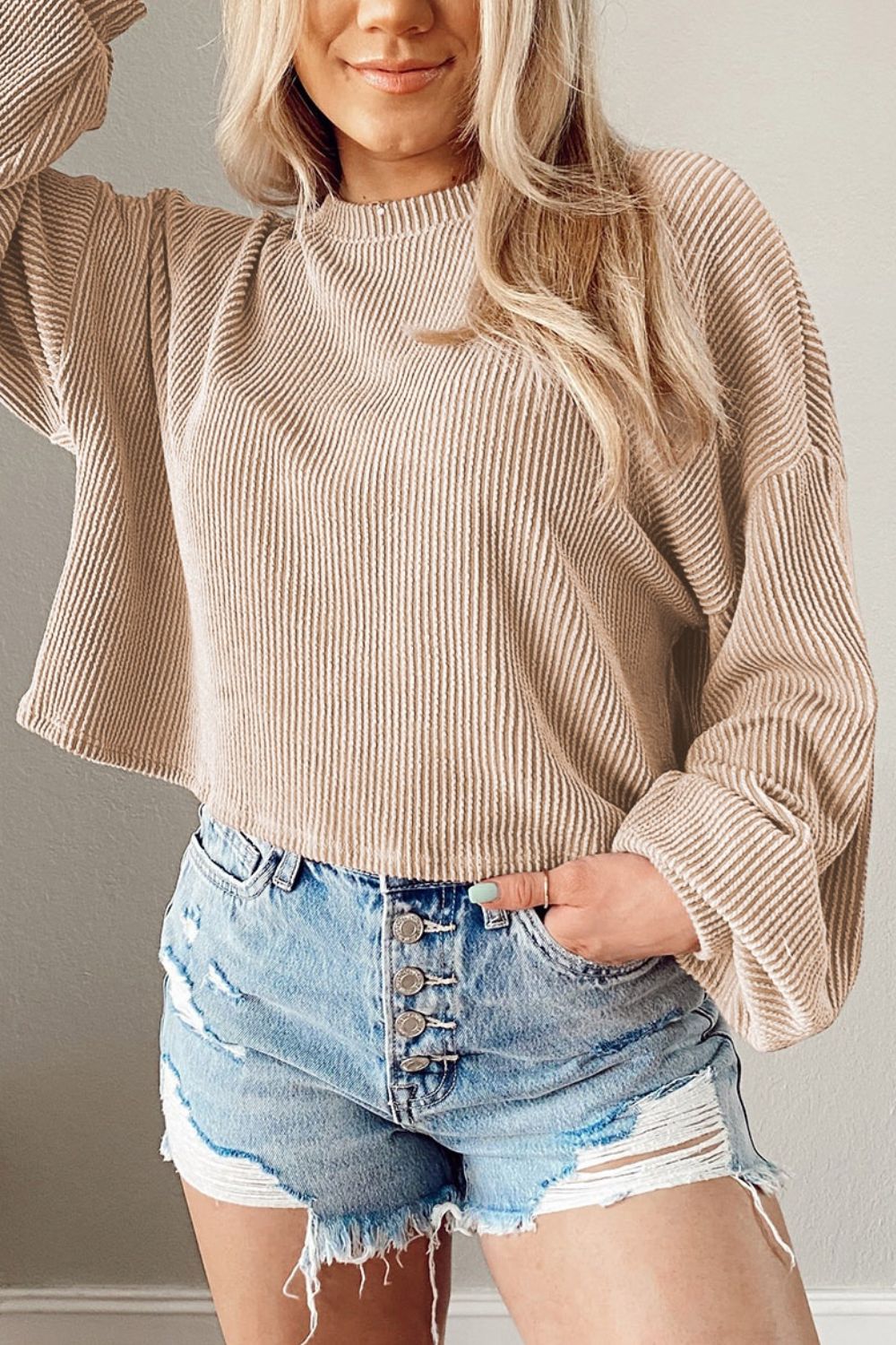 Round Neck Drop Shoulder Long Sleeve Top - Classique Collection