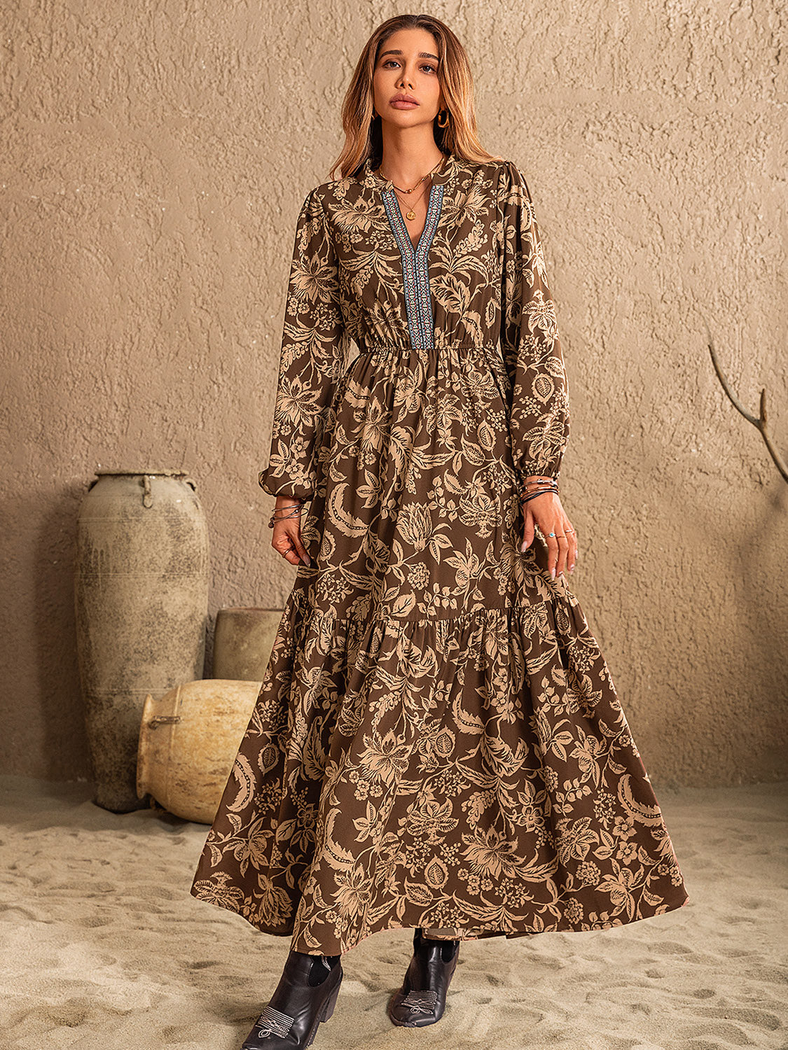 Ruched Printed Notched Long Sleeve Maxi Dress - Classique Collection