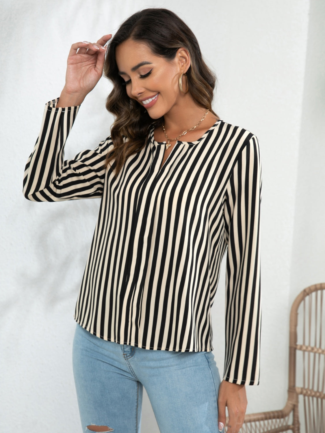 Striped Long Sleeve Notched Blouse - ClassiQ