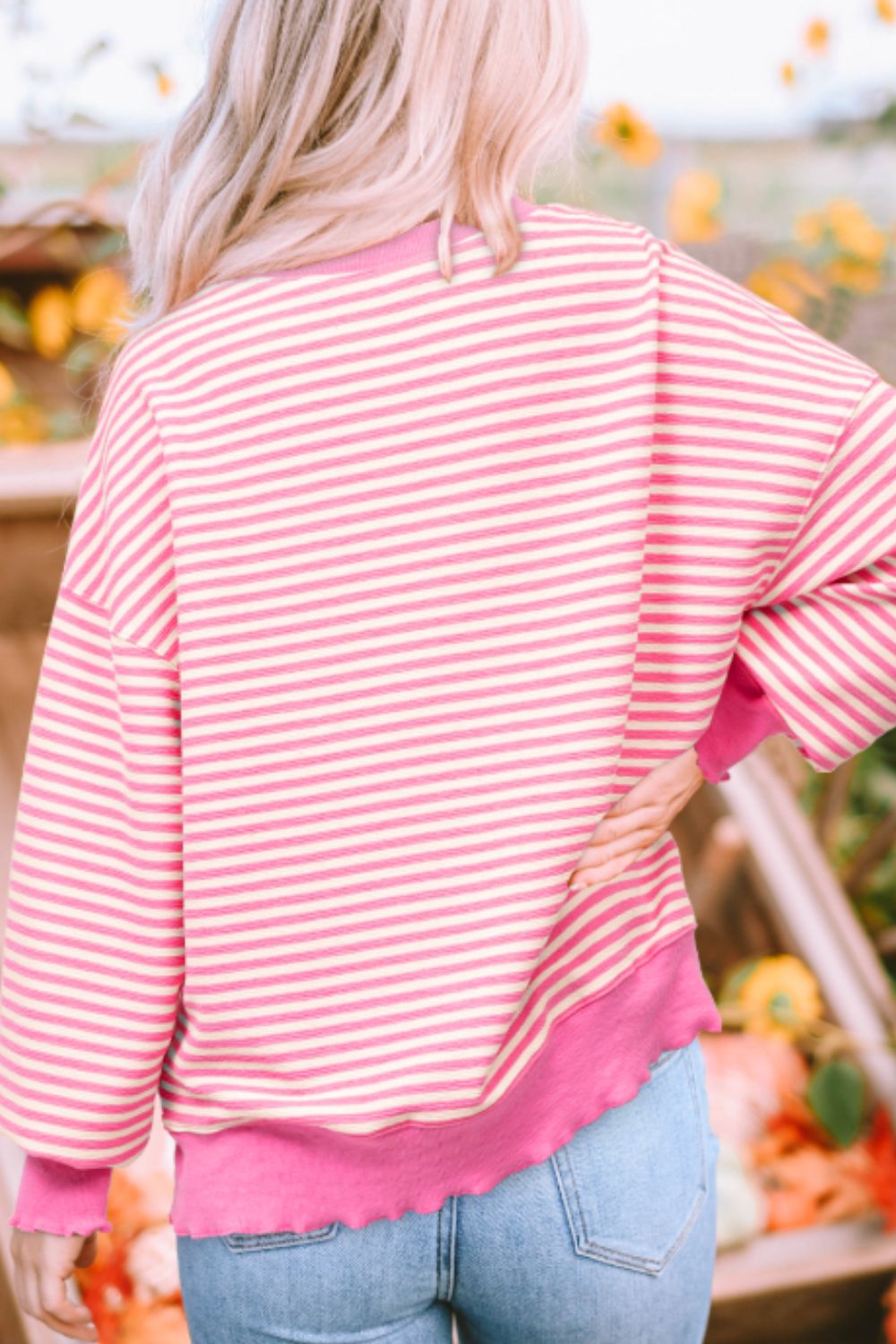 Striped Sequin Heart Round Neck Long Sleeve Sweatshirt - Classique Collection