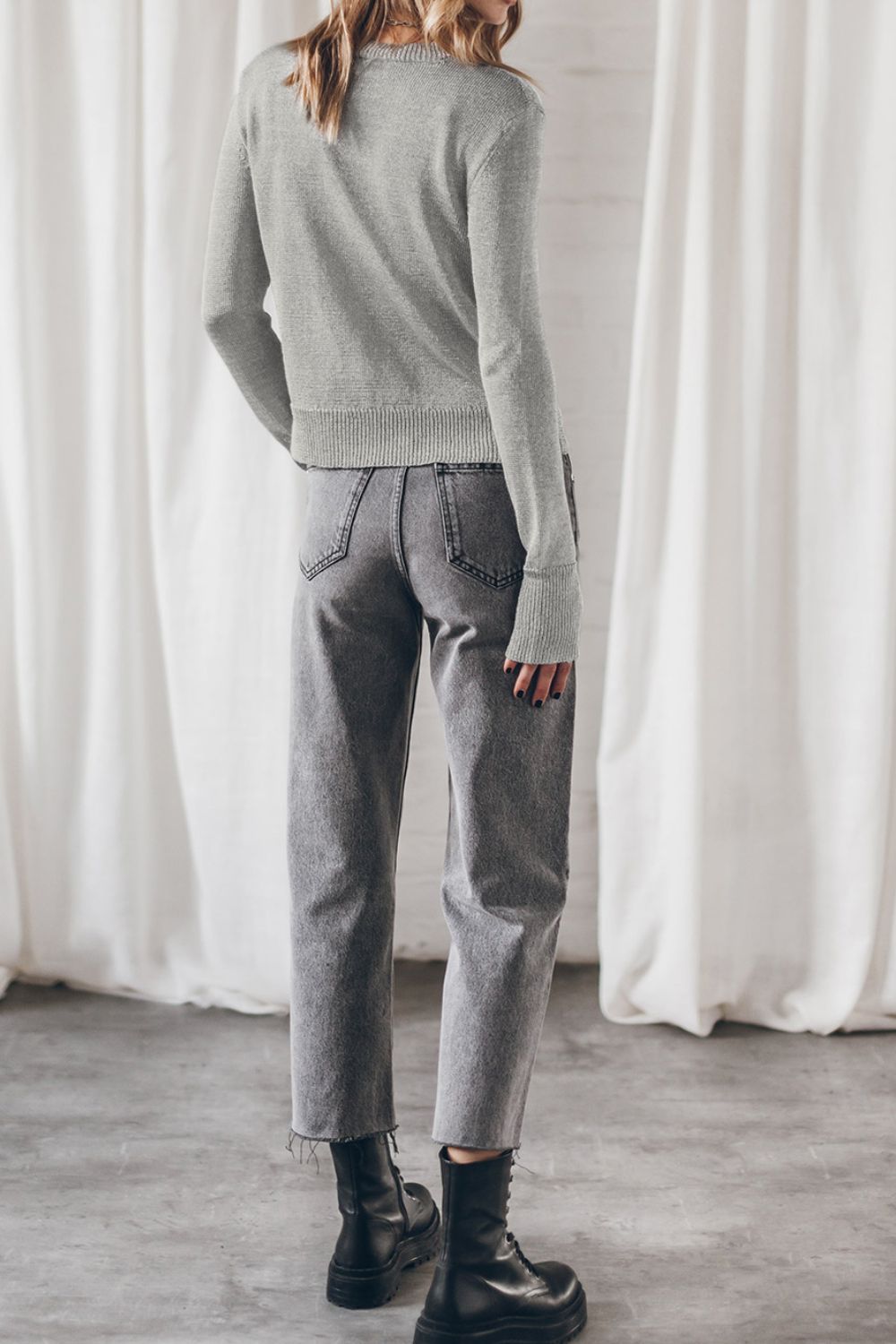 Ribbed Hem Round Neck Long Sleeve Sweater - Classique Collection