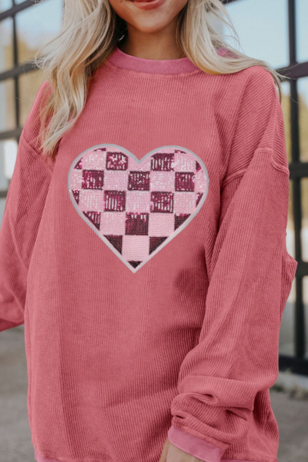 Valentine’s Day Sequin Checkered Heart Long Sleeve Sweatshirt - Classique Collection