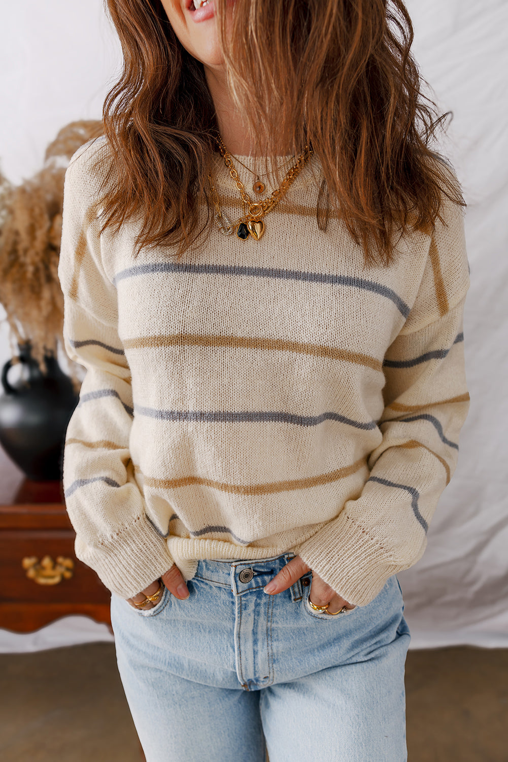 Brown Striped Ribbed Edge Drop Shoulder Sweater Shewin