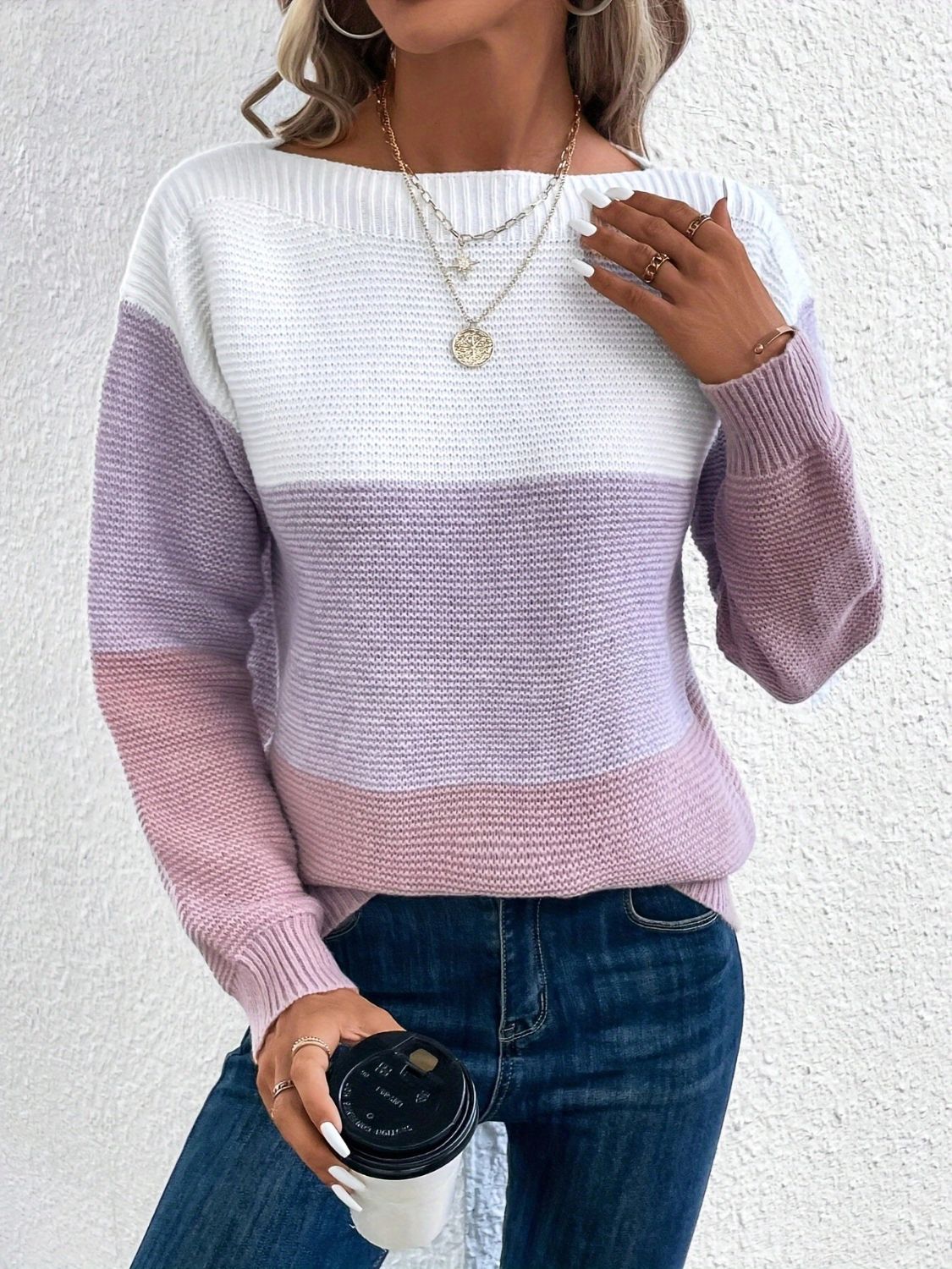 Color Block Boat Neck Sweater - ClassiQ