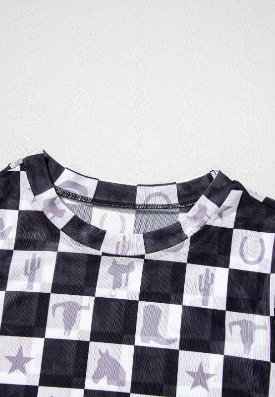 Checkered Mock Neck Long Sleeve Top - Classique Collection