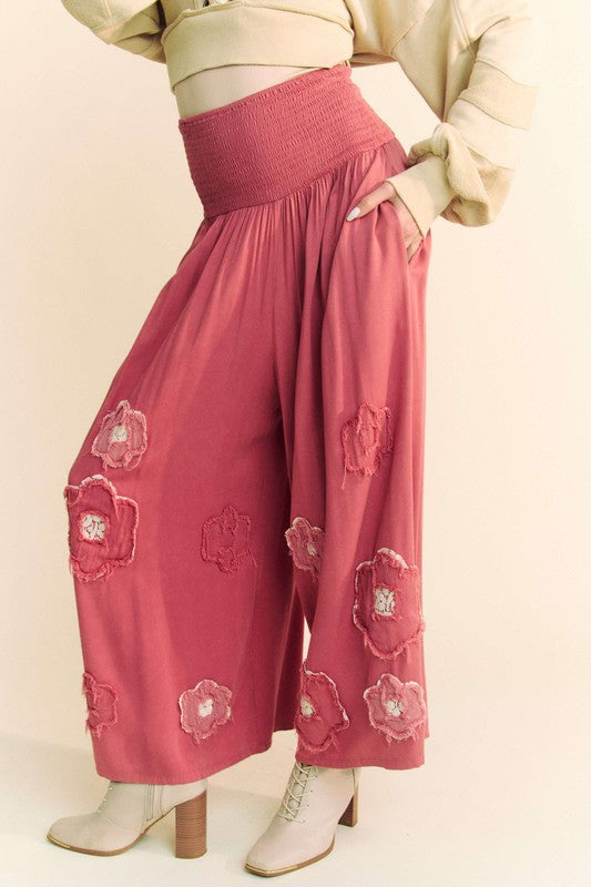 Davi & Dani Smocked Waist Flower Patch Wide Leg Pants - Classique Collection