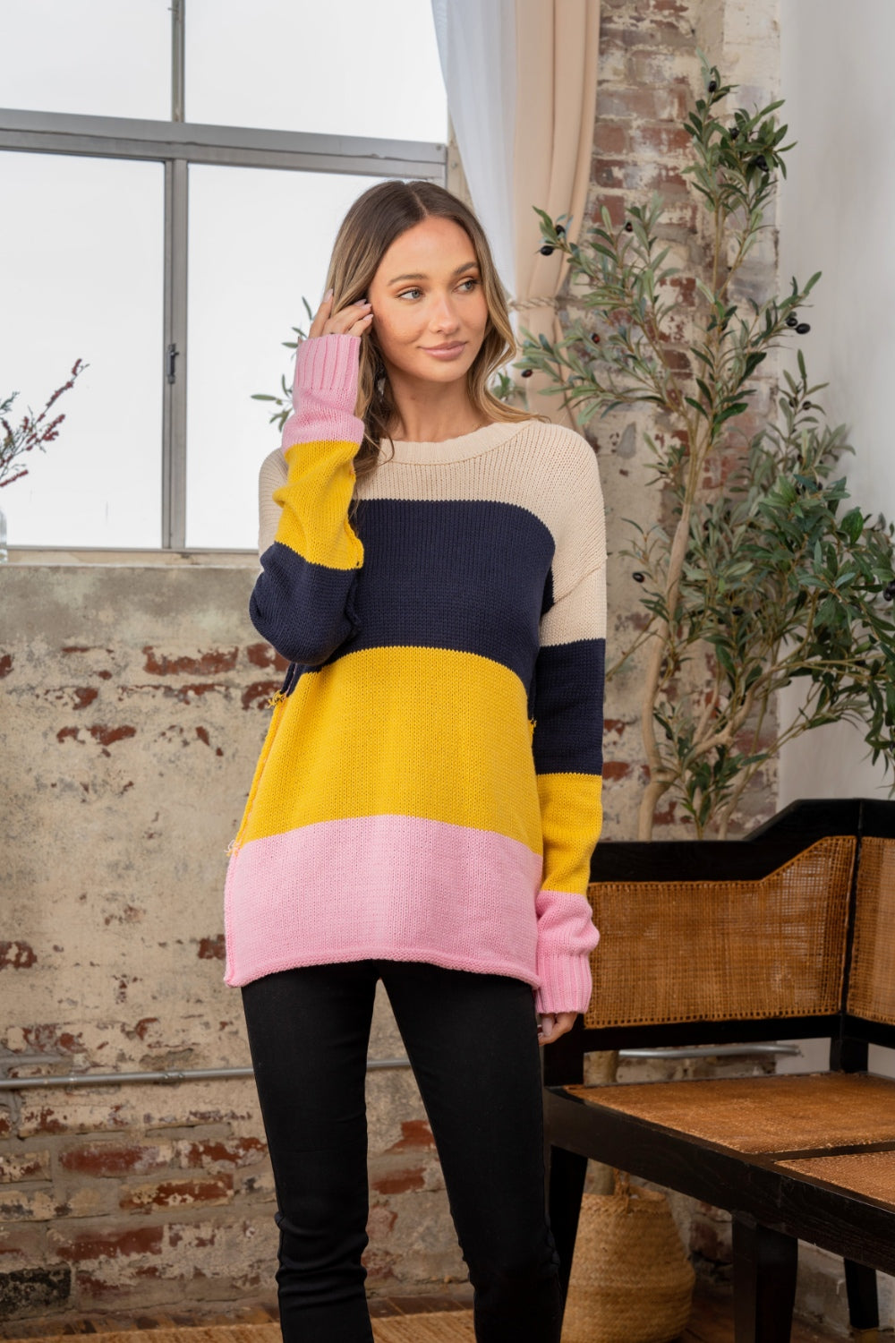 Sew In Love Full Size Color Block Exposed Seam Sweater - ClassiQ
