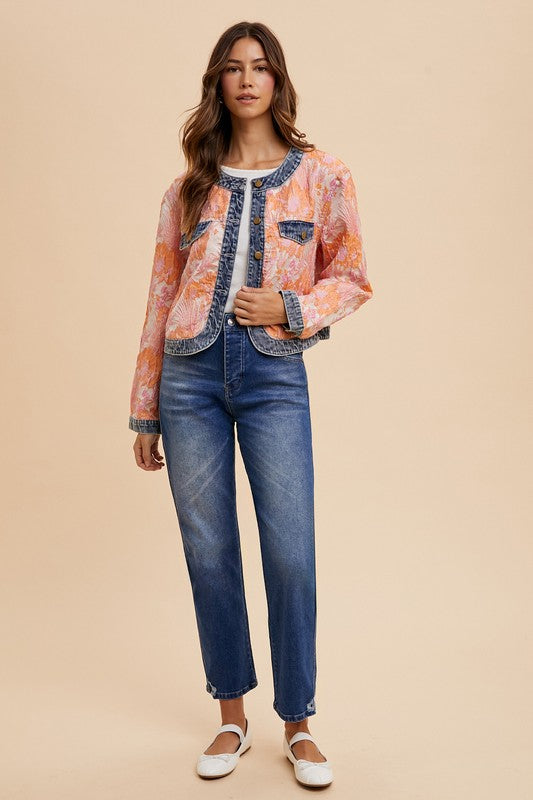 Annie Wear Floral Jacquard Denim Contrast Button Down Jacket - ClassiQ