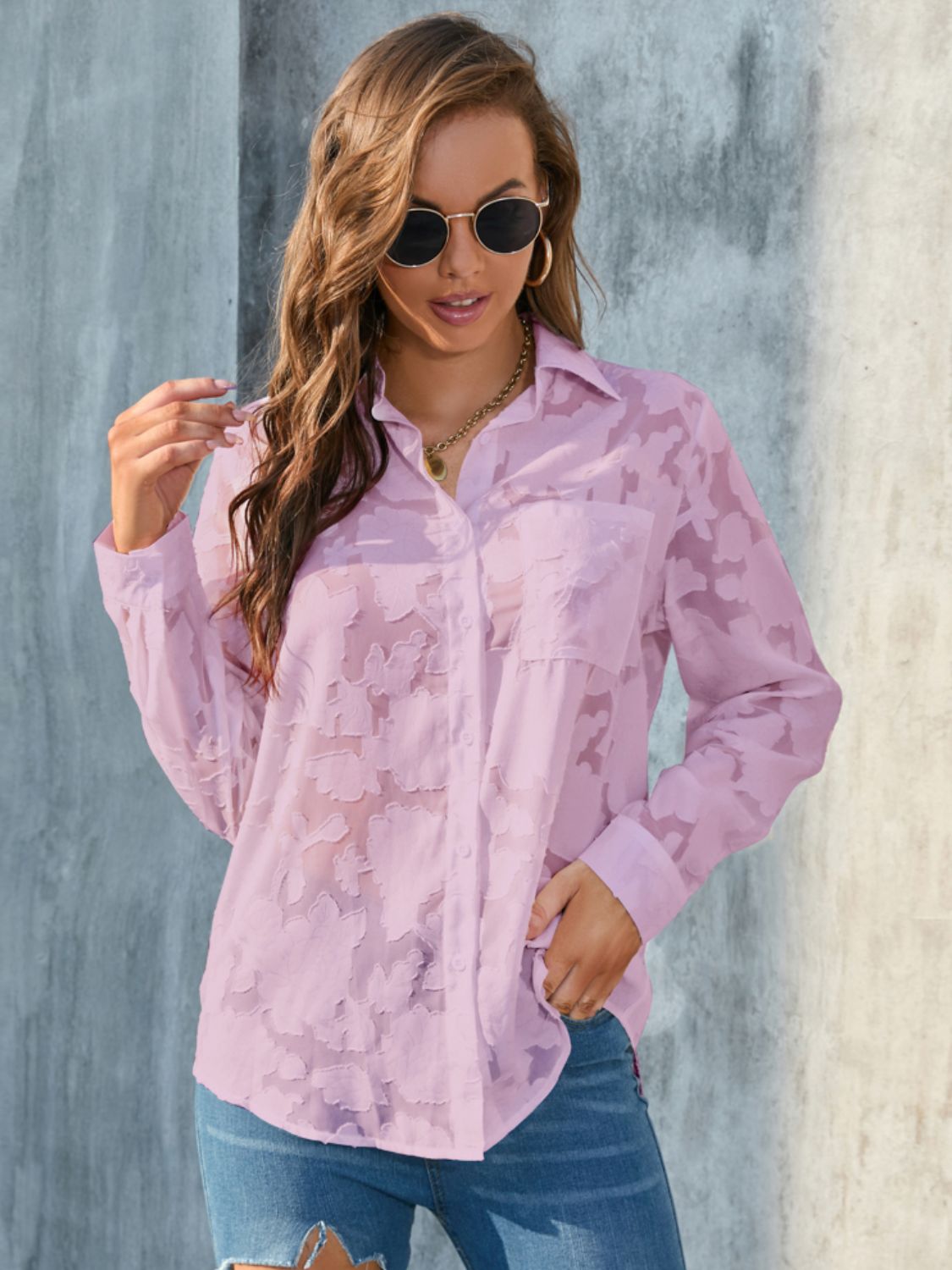 Full Size Collared Neck Long Sleeve Shirt Plus Size - Classique Collection