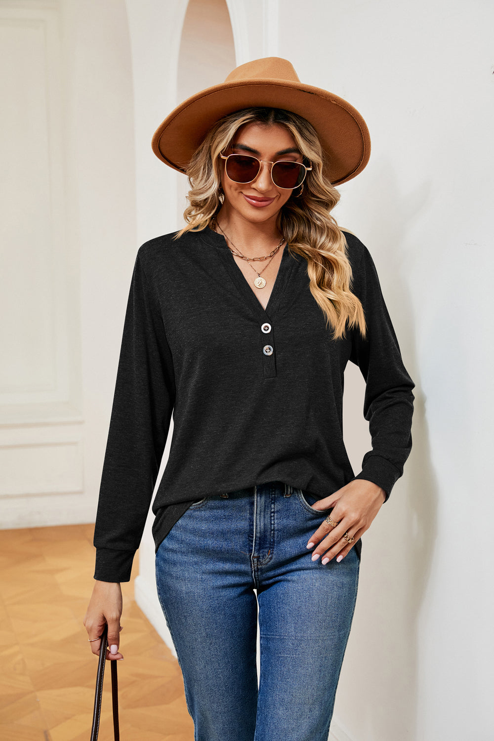 Buttoned Notched Neck Long Sleeve Top - Classique Collection