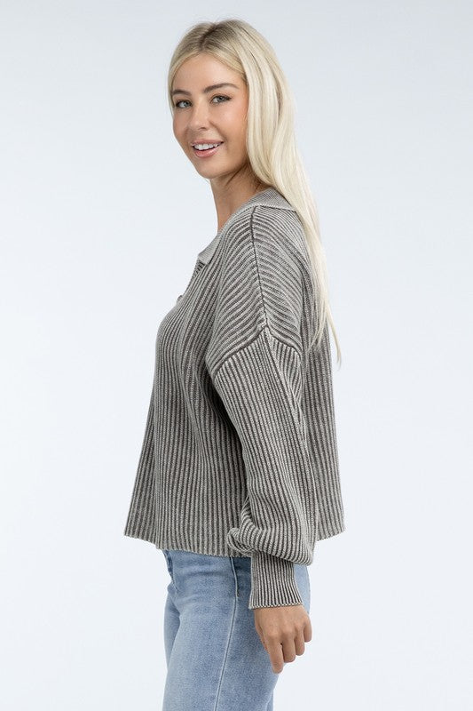 Washed Collared Henley Sweater - Classique Collection