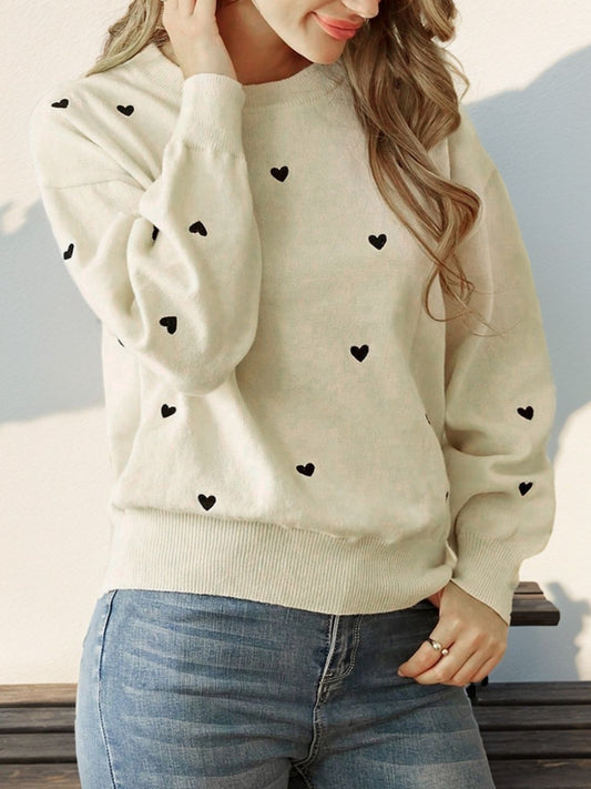 Perfee Heart Round Neck Long Sleeve Knit Top - Classique Collection