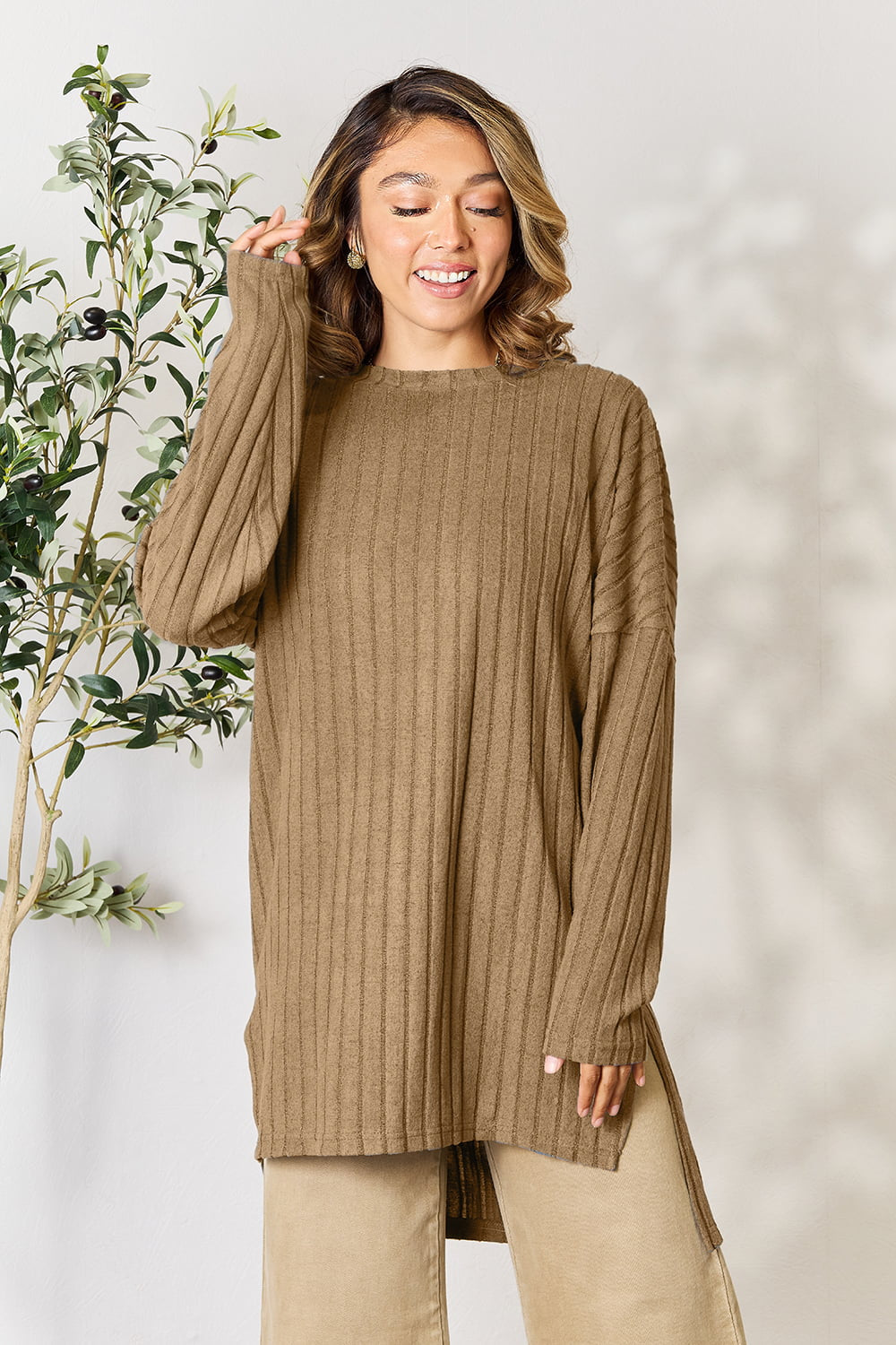 Basic Bae Full Size Ribbed Round Neck Long Sleeve Slit Top - Classique Collection