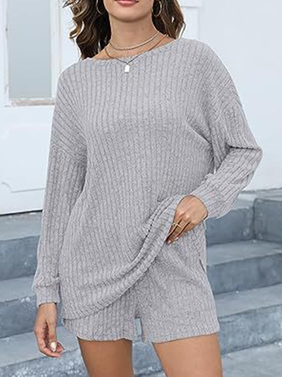 Round Neck Dropped Shoulder Top and Shorts Set - ClassiQ