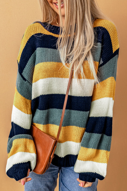 Color Block Round Neck Dropped Shoulder Sweater - ClassiQ