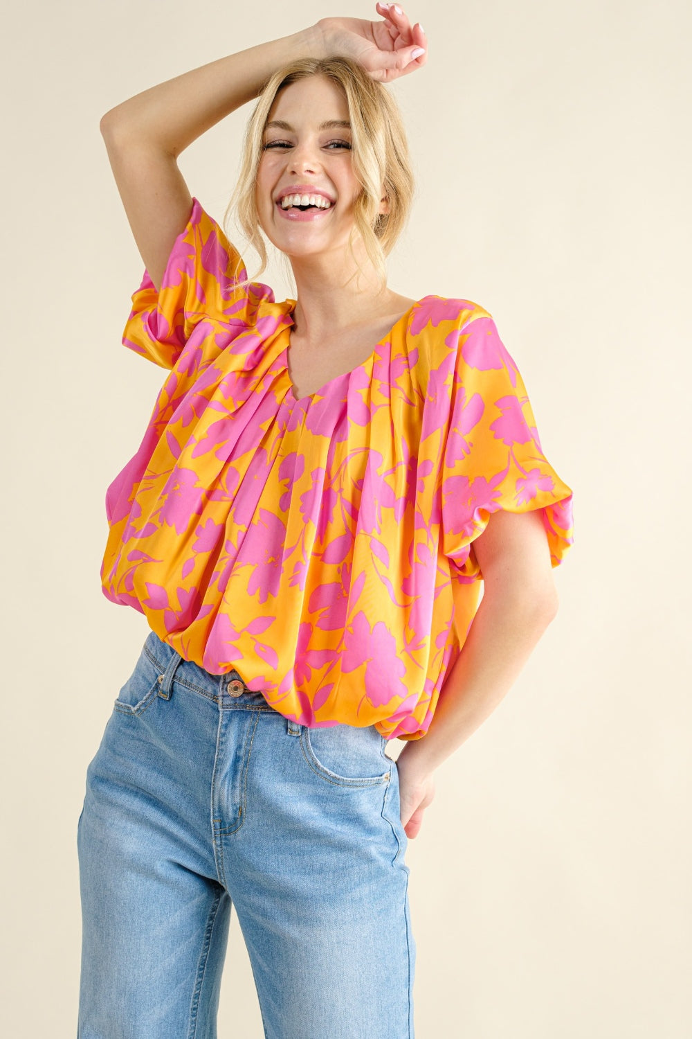 And The Why Full Size Printed Satin Bubble Hem Top - Classique Collection