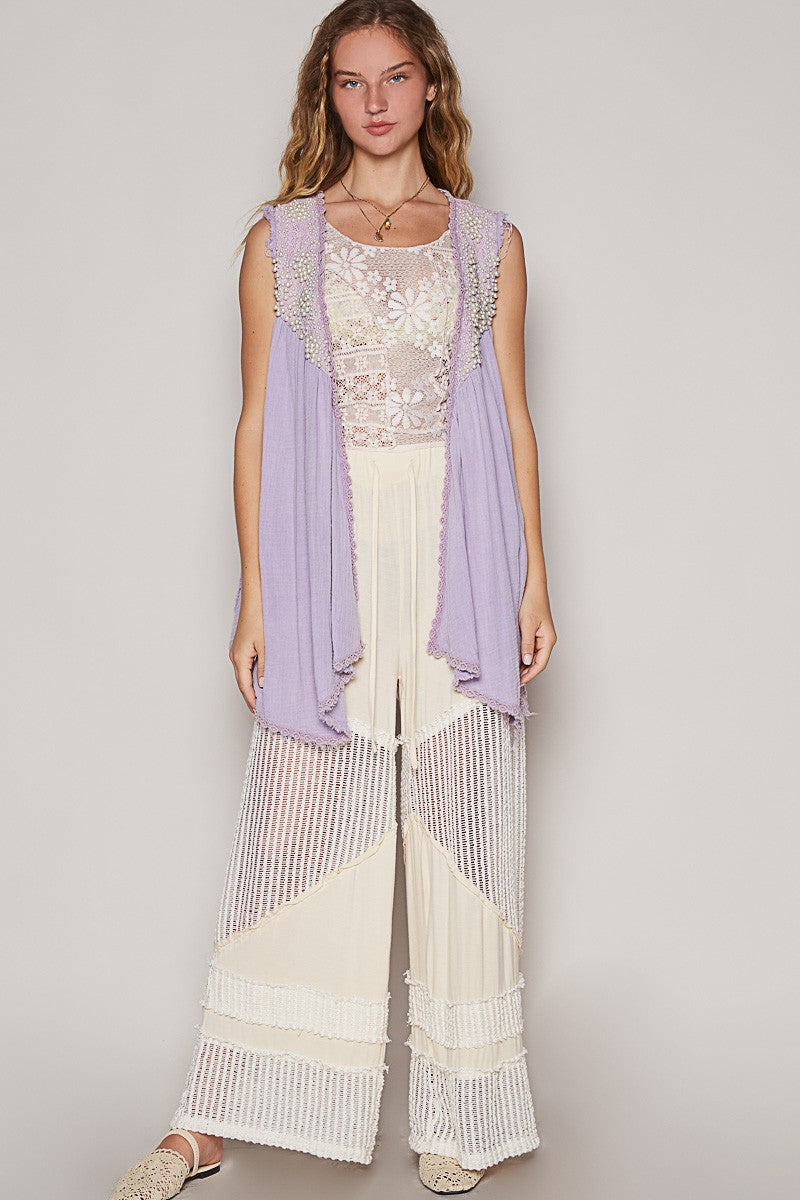 POL Embroidered Pearls Open Front Sleeveless Cardigan - Classique Collection