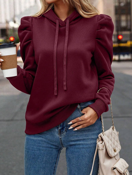 Autumn New Arrival Casual Minimalist Puff Sleeve Drawstring Hoodie Slim Fit Commuter Basic Long Sleeve Sweatshirt ClassiQ