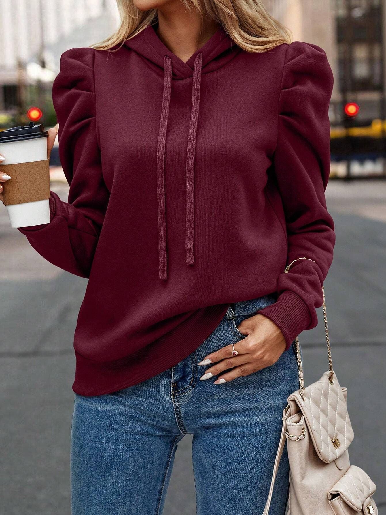 Autumn New Arrival Casual Minimalist Puff Sleeve Drawstring Hoodie Slim Fit Commuter Basic Long Sleeve Sweatshirt ClassiQ