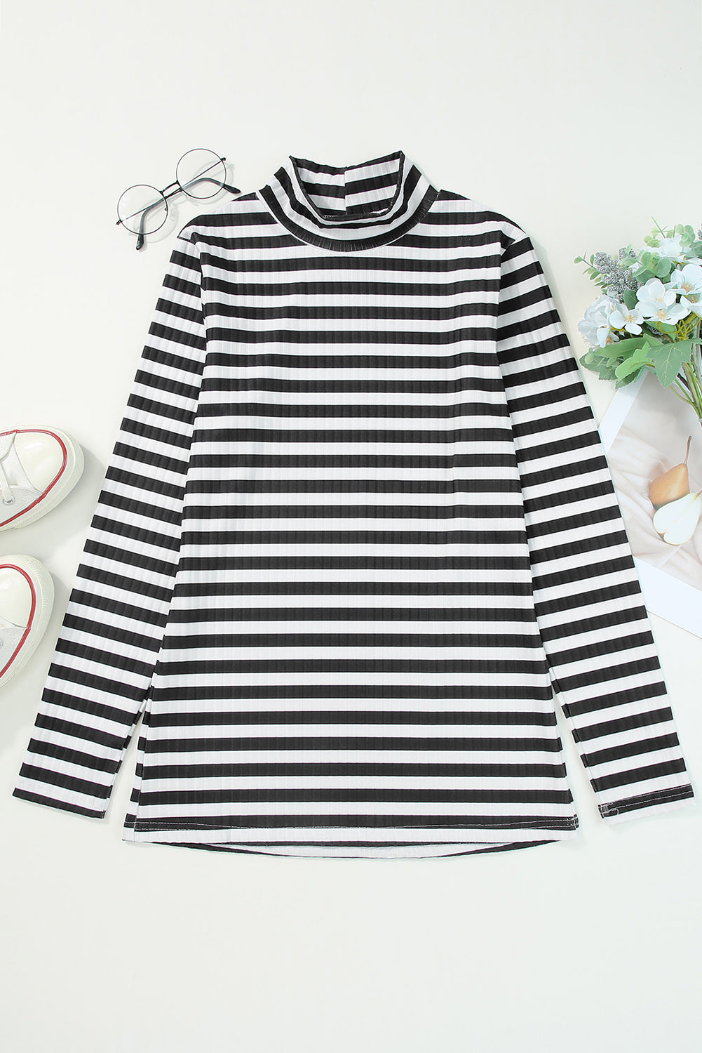 Striped Mock Neck Long Sleeve Top - Classique Collection