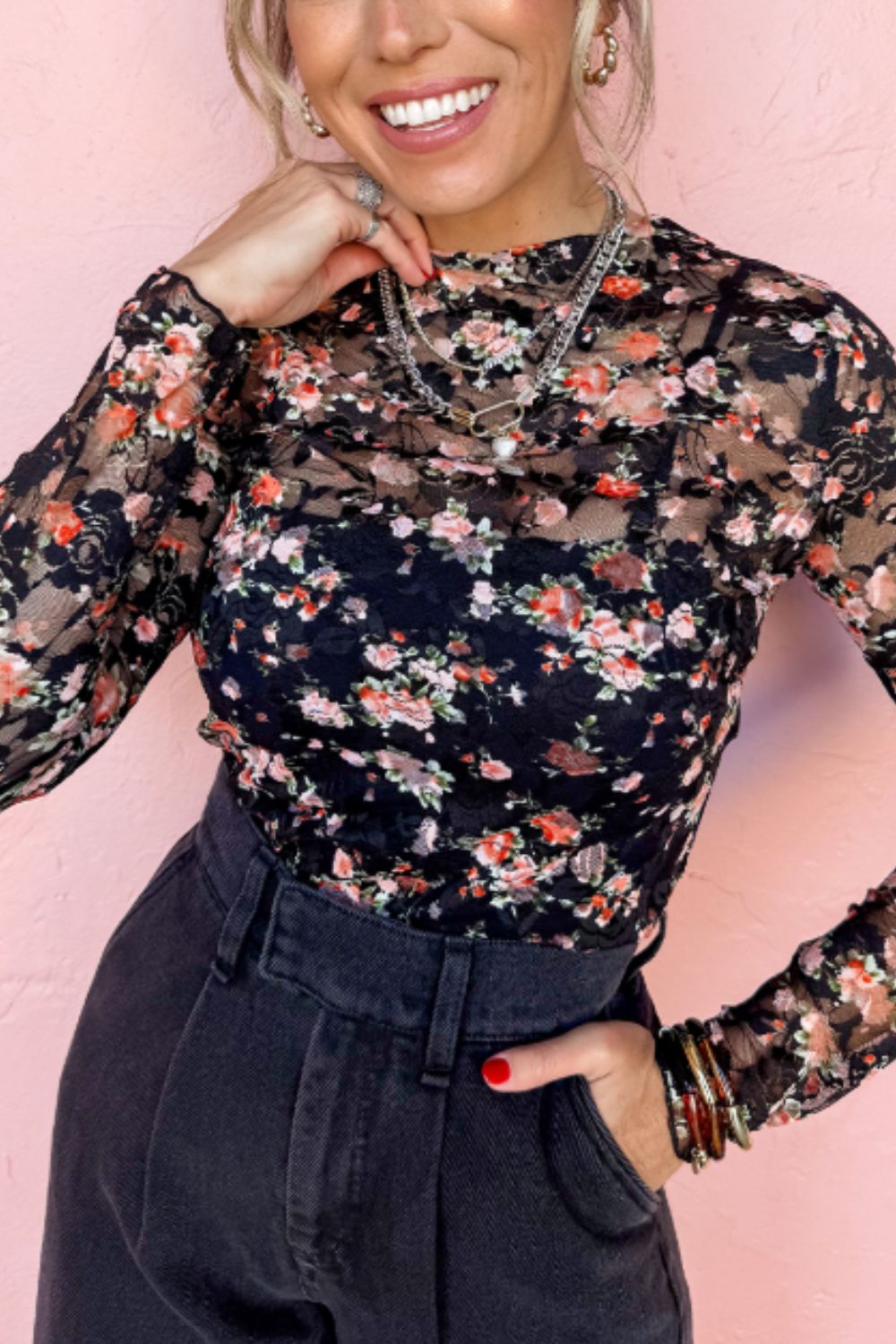 Floral Round Neck Long Sleeve Blouse - Classique Collection